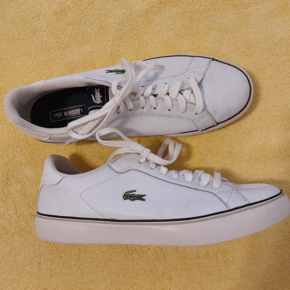 Lacoste White Leather Low-Top Sneakers with Green Croc Logo